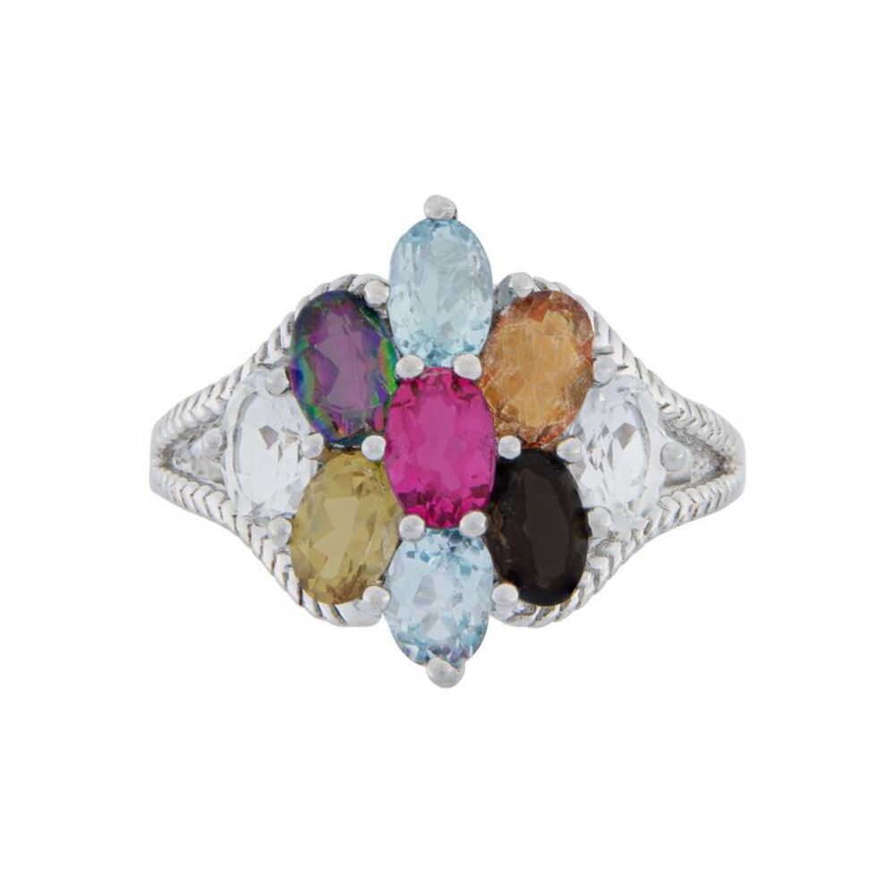 Sterling Silver Multi-colored Topaz Cluster Cocktail Ring, Size 10